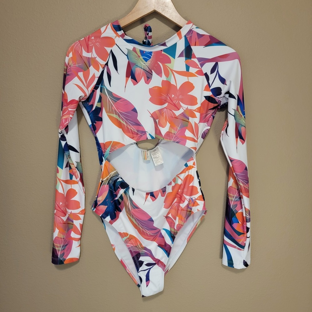 Ocean Pacific Tropical Long Sleeve Cut Out One Piece Bathing Suit Womens Sz Larg